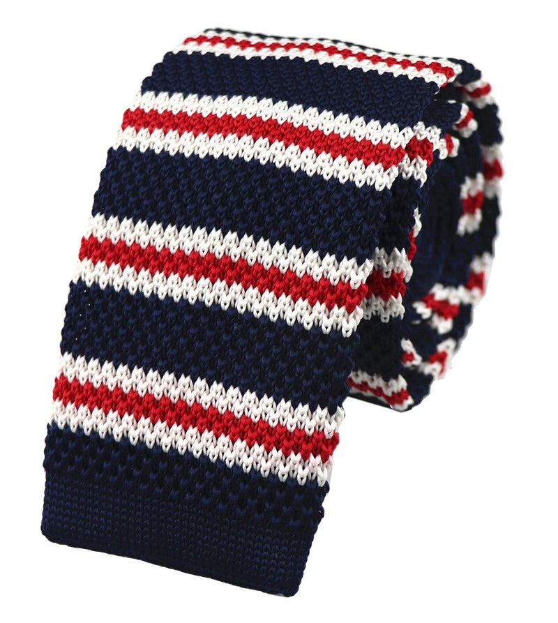 Secdtie Mens Slim Knit Tie Maltese Stripe Modern Thin Woven Groomsmen Wedding Necktie Navy White Blue independence Day - Image 1